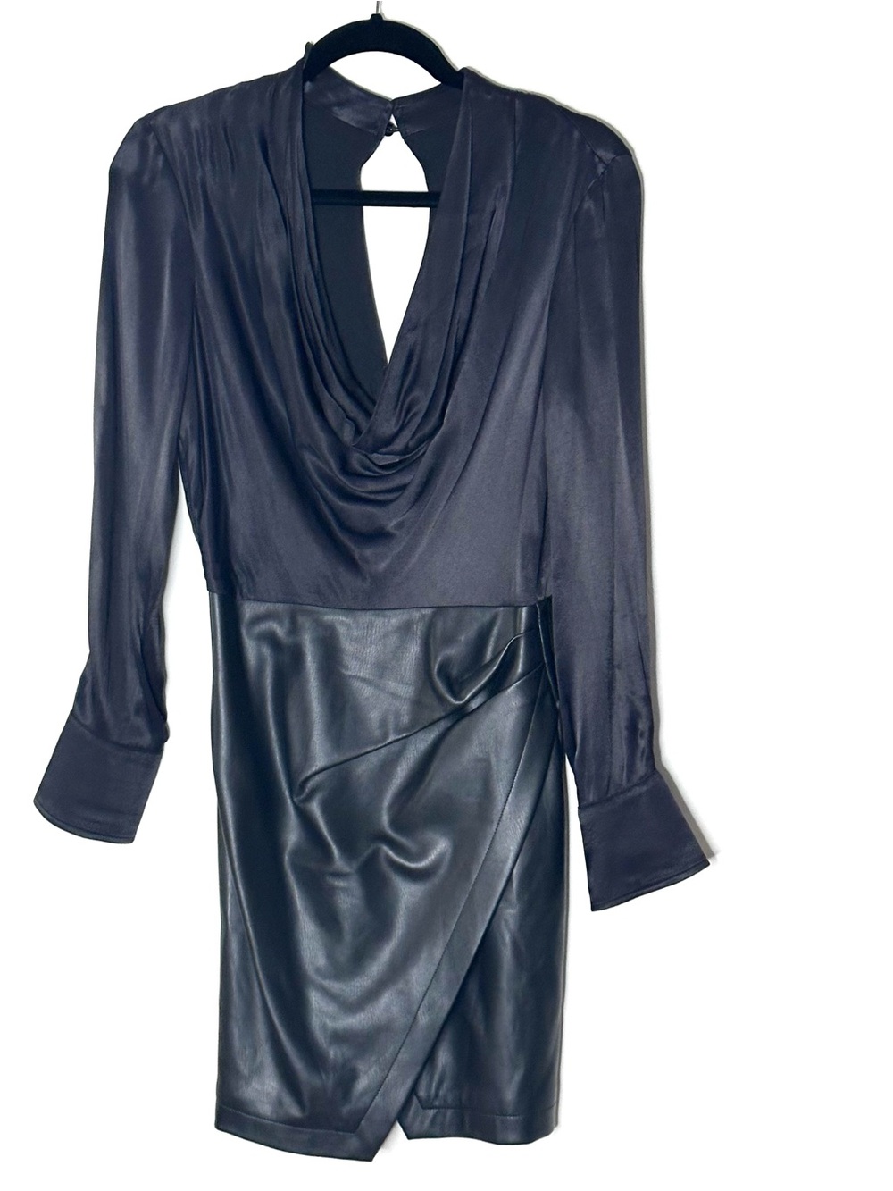New Anthropologie Maeve Plunge Faux Vegan Leather Black Dress Long Sleeve Mini 0 - Picture 3 of 9